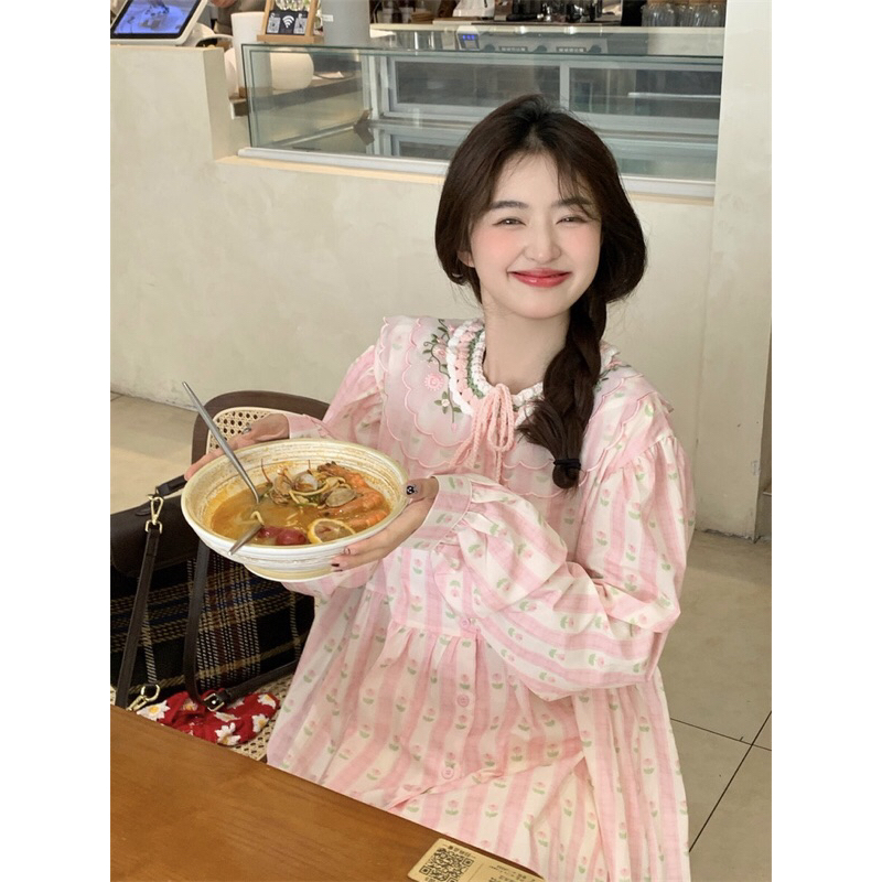 Đầm babydoll tay phồng cổ bèo phối len - 20mii_mii