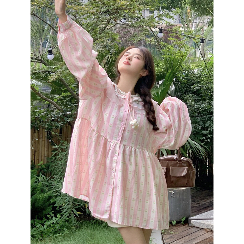 Đầm babydoll tay phồng cổ bèo phối len - 20mii_mii