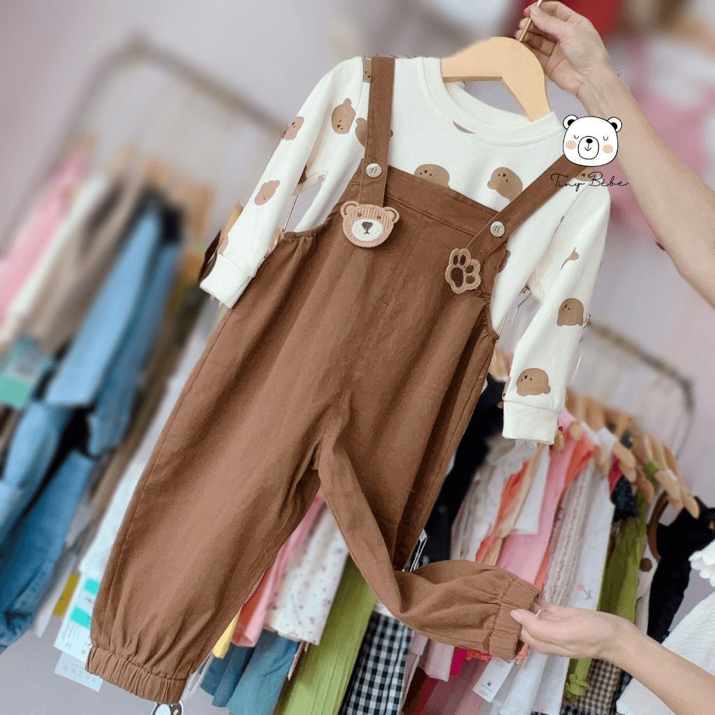 (S182) Set yếm gấu nâu cute phong cách Hàn Quốc cho bé 13-24kg - Tiny Bébe