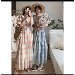 Đầm maxi caro cổ vuông