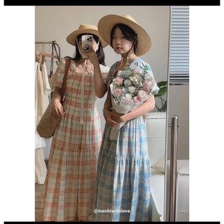 Đầm maxi caro cổ vuông