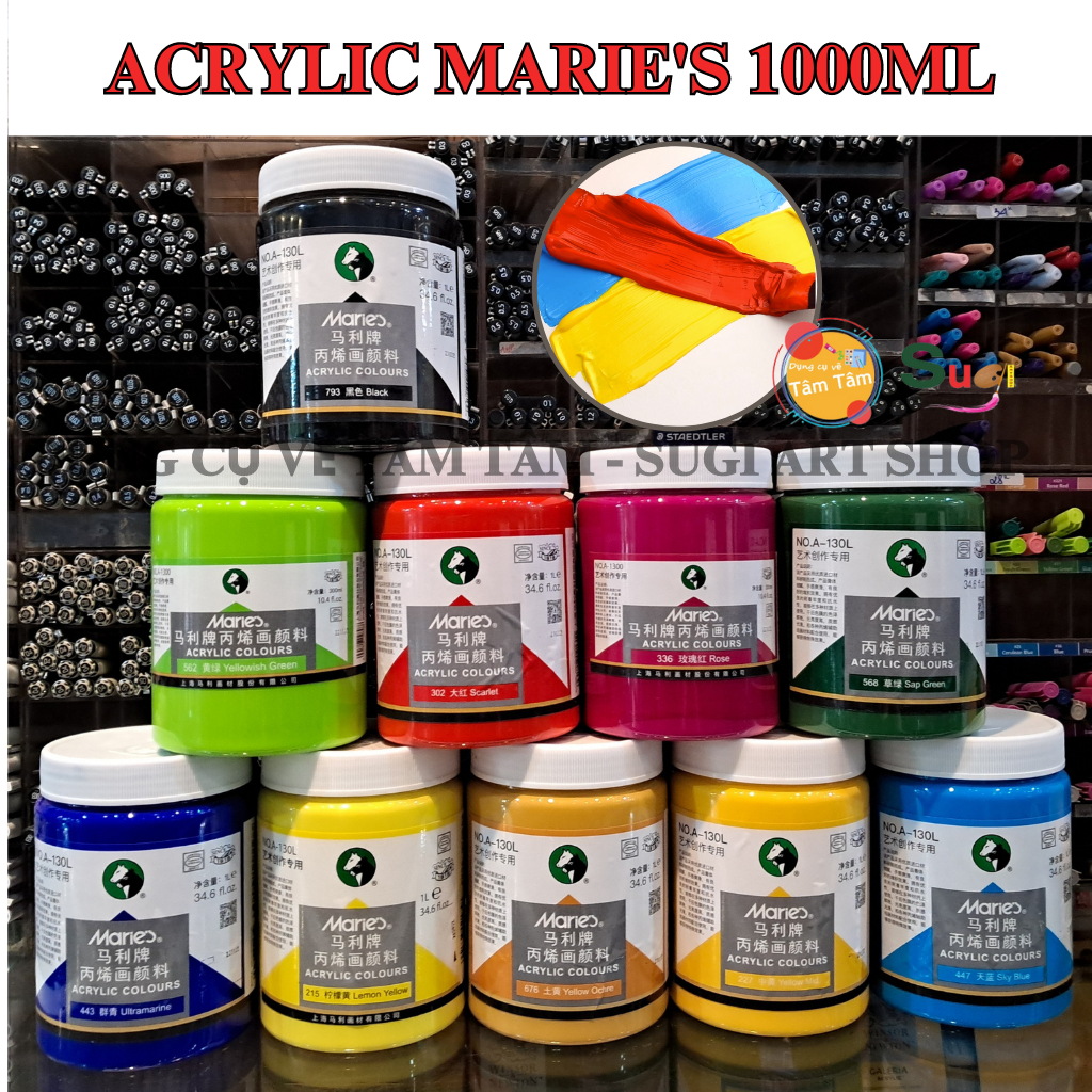 Màu acrylic Maries , Màu Acrylic vẽ tường Trắng / Vàng Chanh 1000ml - Acrylic hủ to 1 LÍT