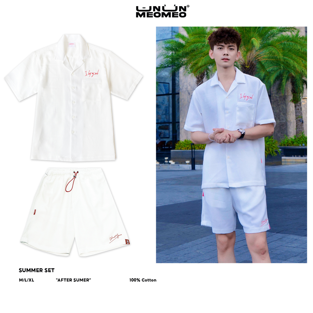 Set bộ áo sơ mi cổ danton kèm quần short form unisex oversize chất liệu sốp bố thêu logo Ủn Ủn Meo Meo®