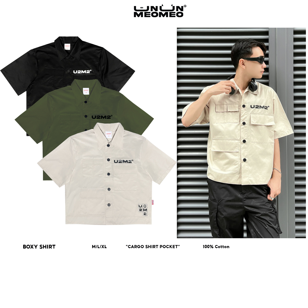 Áo sơ mi tay ngắn Local Brand Ủn Ủn Meo Meo®, áo sơ mi boxy crop chất liệu kaki form unisex phối túi hộp
