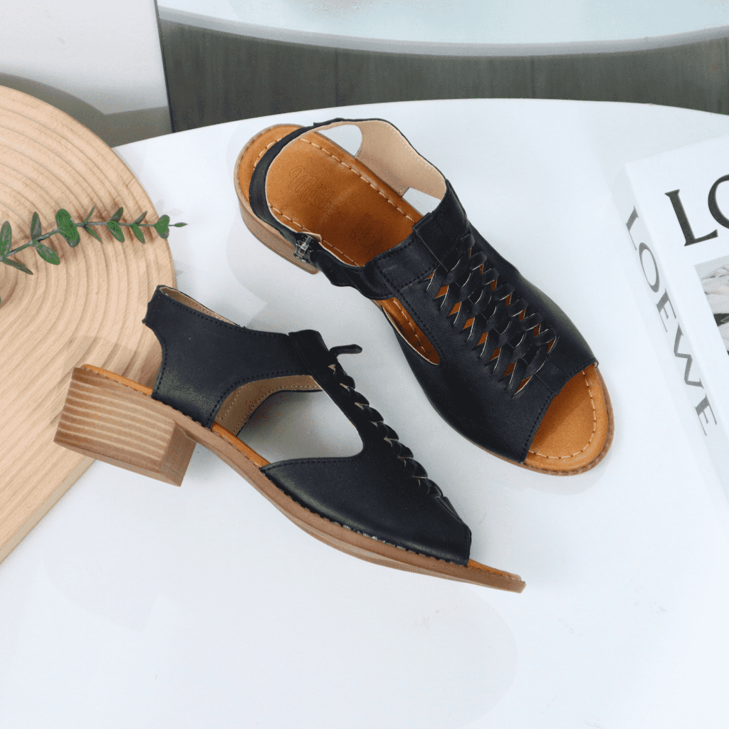 Giày sandal nữ rọ da thật khóa kéo cao 4cm 1073