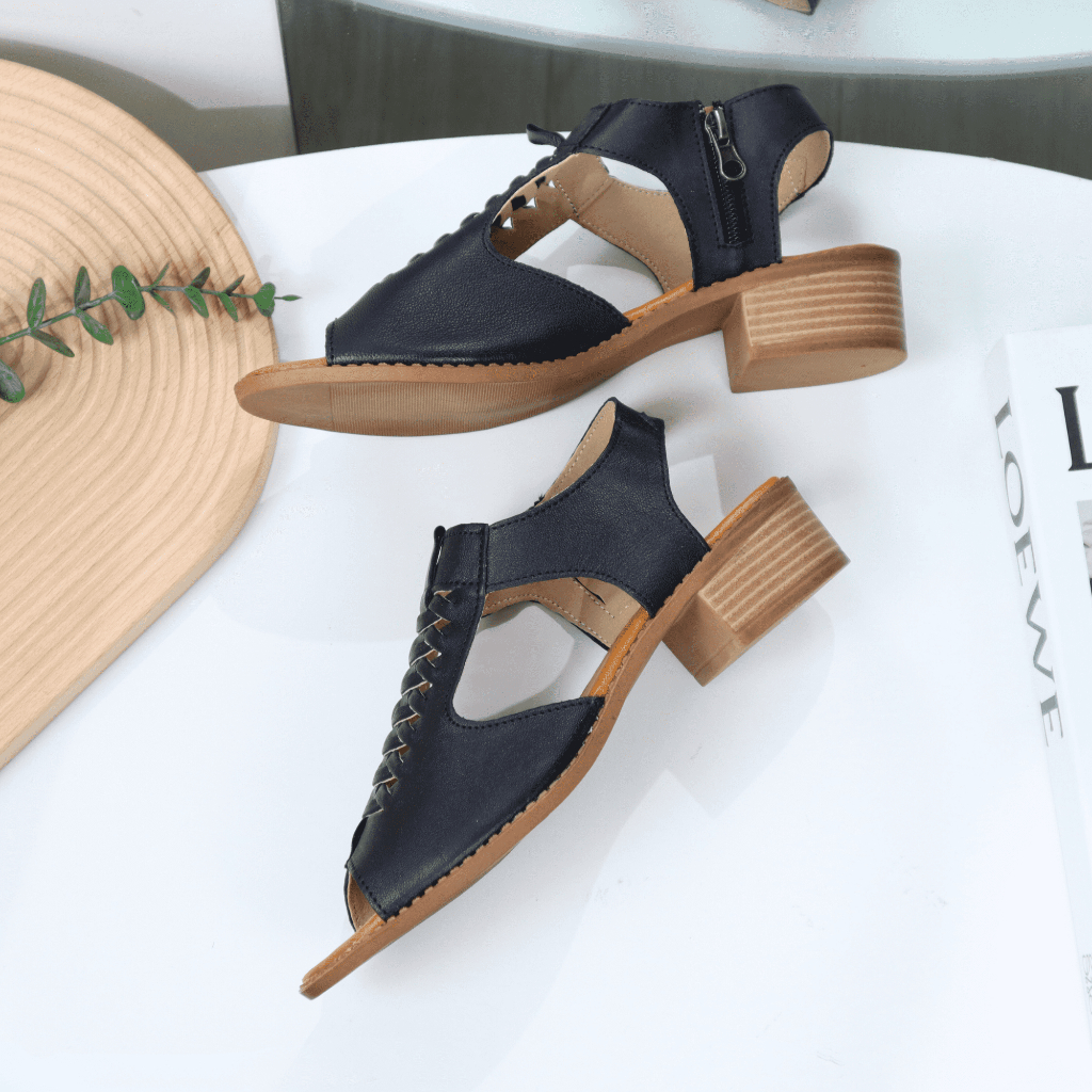 Giày sandal nữ rọ da thật khóa kéo cao 4cm 1073