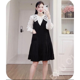  Váy bầu dài tay cổ sơ mi ren sang chảnh M04 