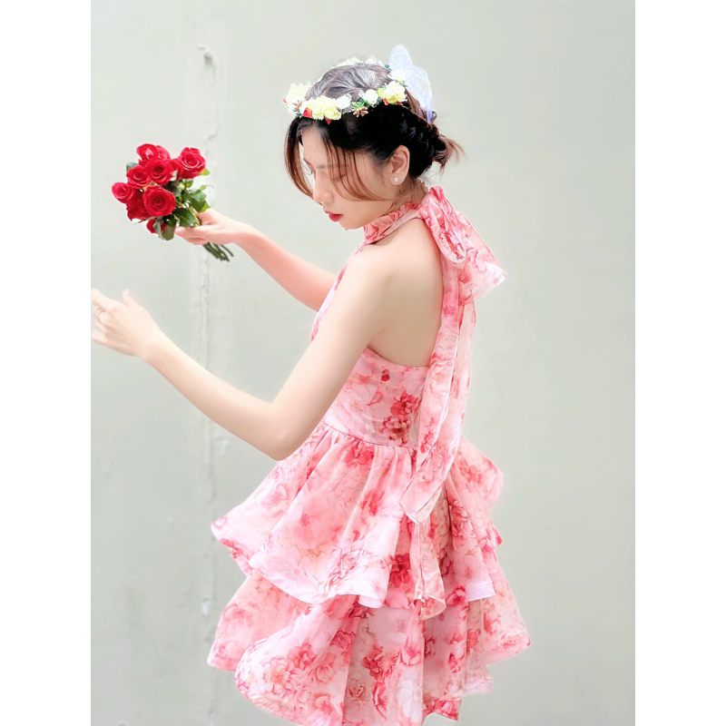 Đầm voan tơ cổ yếm 2 tầng Camellia dress ANGÉLIQUE chất lụa tơ óng mặc đi tiệc, đi chơi, sống ảo hoạ tiết hoa trà