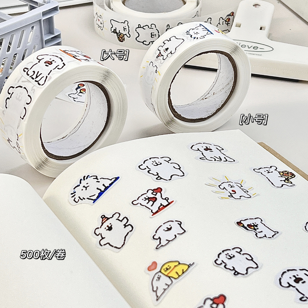 Cuộn 500 sticker chú chó trắng, nhãn dán cảm ơn, niêm phong, tem tròn tiết dễ thương đáng yêu