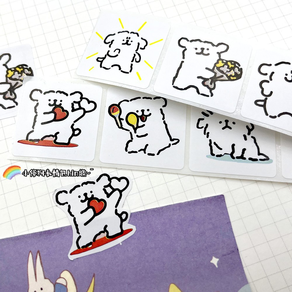 Cuộn 500 sticker chú chó trắng, nhãn dán cảm ơn, niêm phong, tem tròn tiết dễ thương đáng yêu