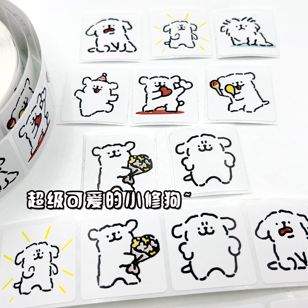 Cuộn 500 sticker chú chó trắng, nhãn dán cảm ơn, niêm phong, tem tròn tiết dễ thương đáng yêu