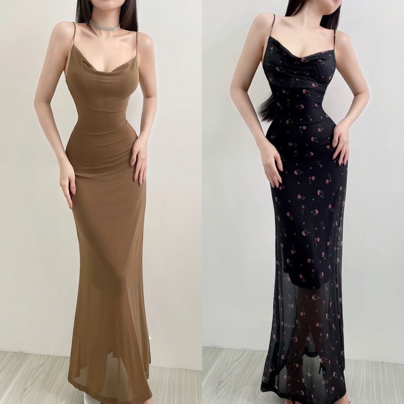 Đầm Maxi Đuôi Cá Cổ Đổ Chất Thun Lưới Sheer Sang Trọng Sexy Mùa Thu