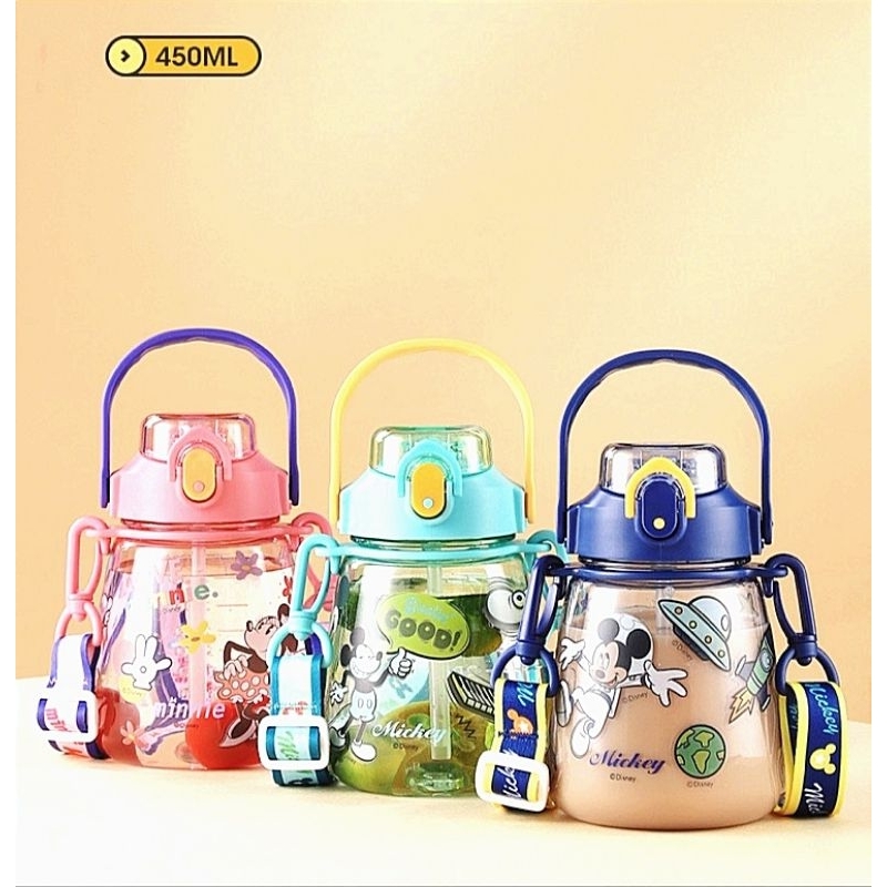 Bình nước hãng Disney nhỏ nhắn. Bé tự tay dán trang trí sticker, Có ống hút ,tay xách ,dây đeo