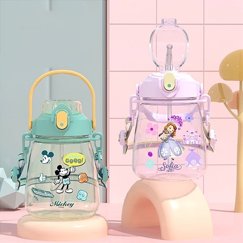 Bình nước hãng Disney nhỏ nhắn. Bé tự tay dán trang trí sticker, Có ống hút ,tay xách ,dây đeo