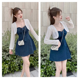 sét đầm 2 dây nơ ngực phối áo khoác ren xịn sò đi chơi cafe dạo phố