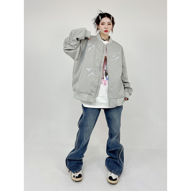 Áo khoác bomber hình thêu ngôi sao,phong cách đường phố unisex