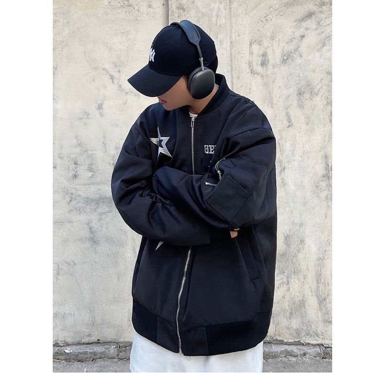 Áo khoác bomber hình thêu ngôi sao,phong cách đường phố unisex