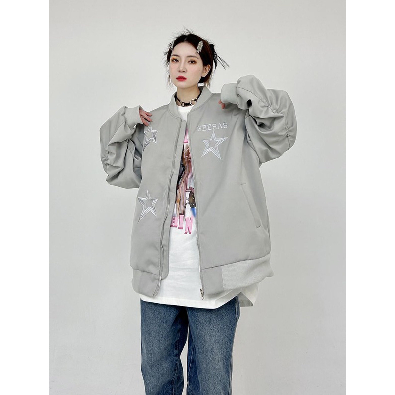 Áo khoác bomber hình thêu ngôi sao,phong cách đường phố unisex