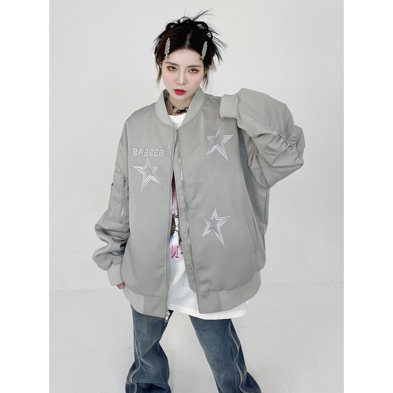 Áo khoác bomber hình thêu ngôi sao,phong cách đường phố unisex