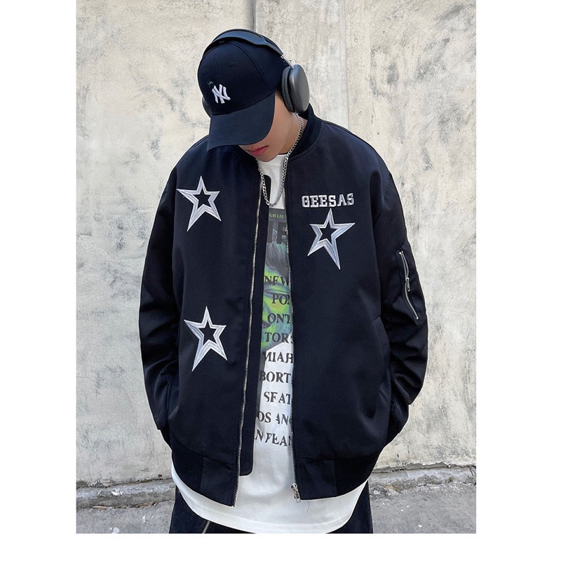 Áo khoác bomber hình thêu ngôi sao,phong cách đường phố unisex