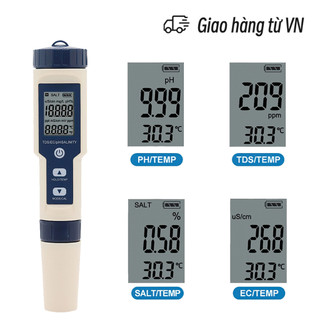 Bút kiểm tra chất lượng nước, đo độ mặn nước 5 là 1 pH/TDS/EC/độ mặn/nhiệt độ, kèm 3 gói pH chuẩn