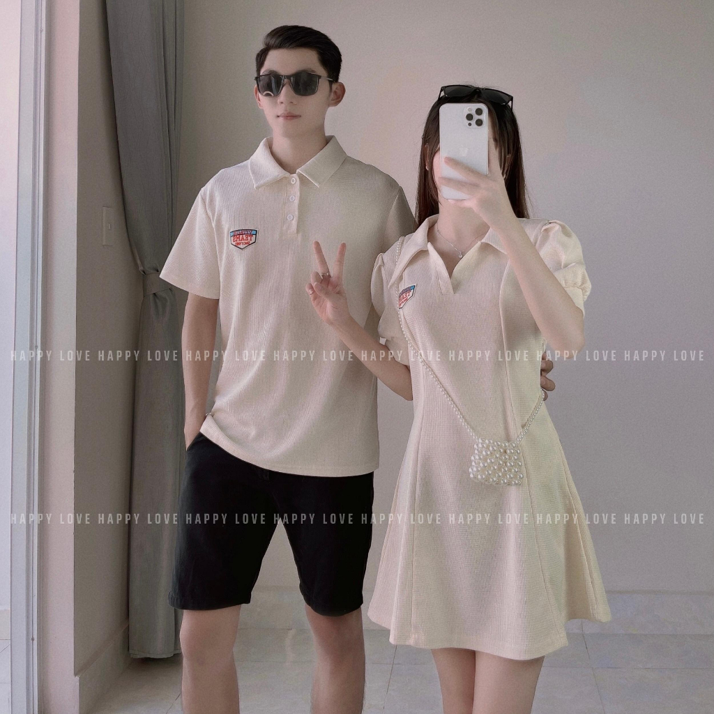 Đồ couple áo nam đầm nữ Polo mùa hè màu be kem thêu logo chất cotton thoáng mát thời trang cặp đôi HAPPYLOVE H019