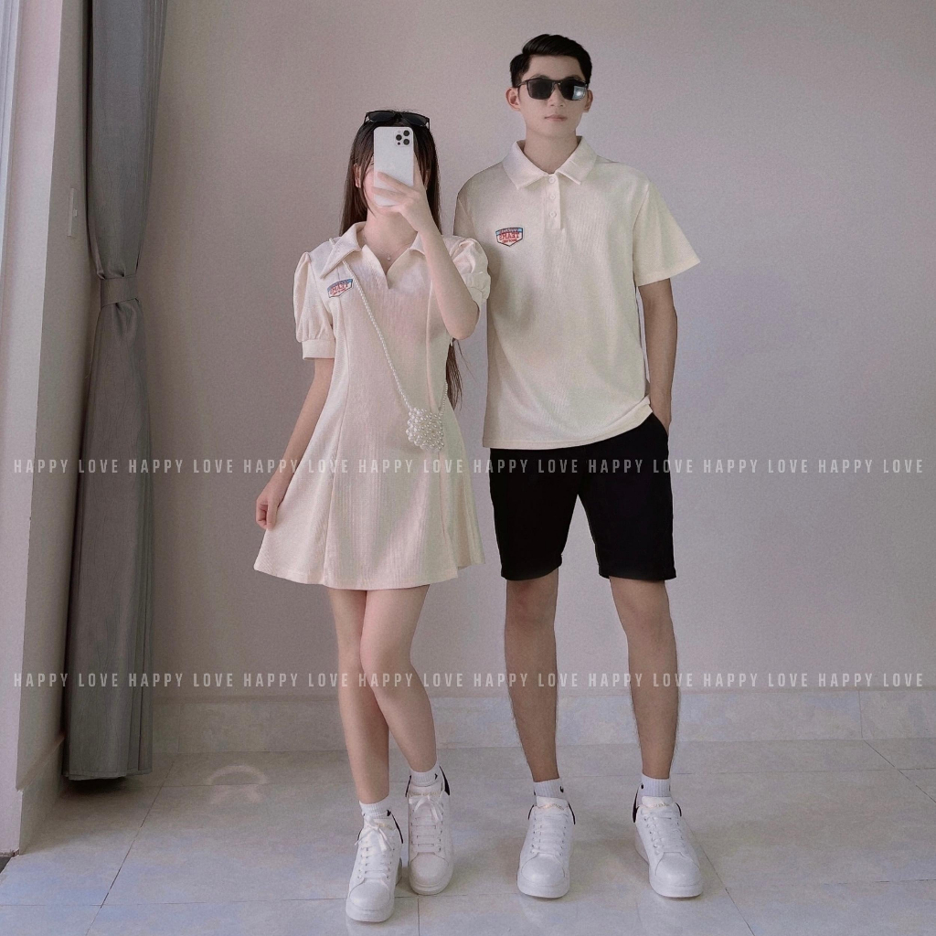 Đồ couple áo nam đầm nữ Polo mùa hè màu be kem thêu logo chất cotton thoáng mát thời trang cặp đôi HAPPYLOVE H019