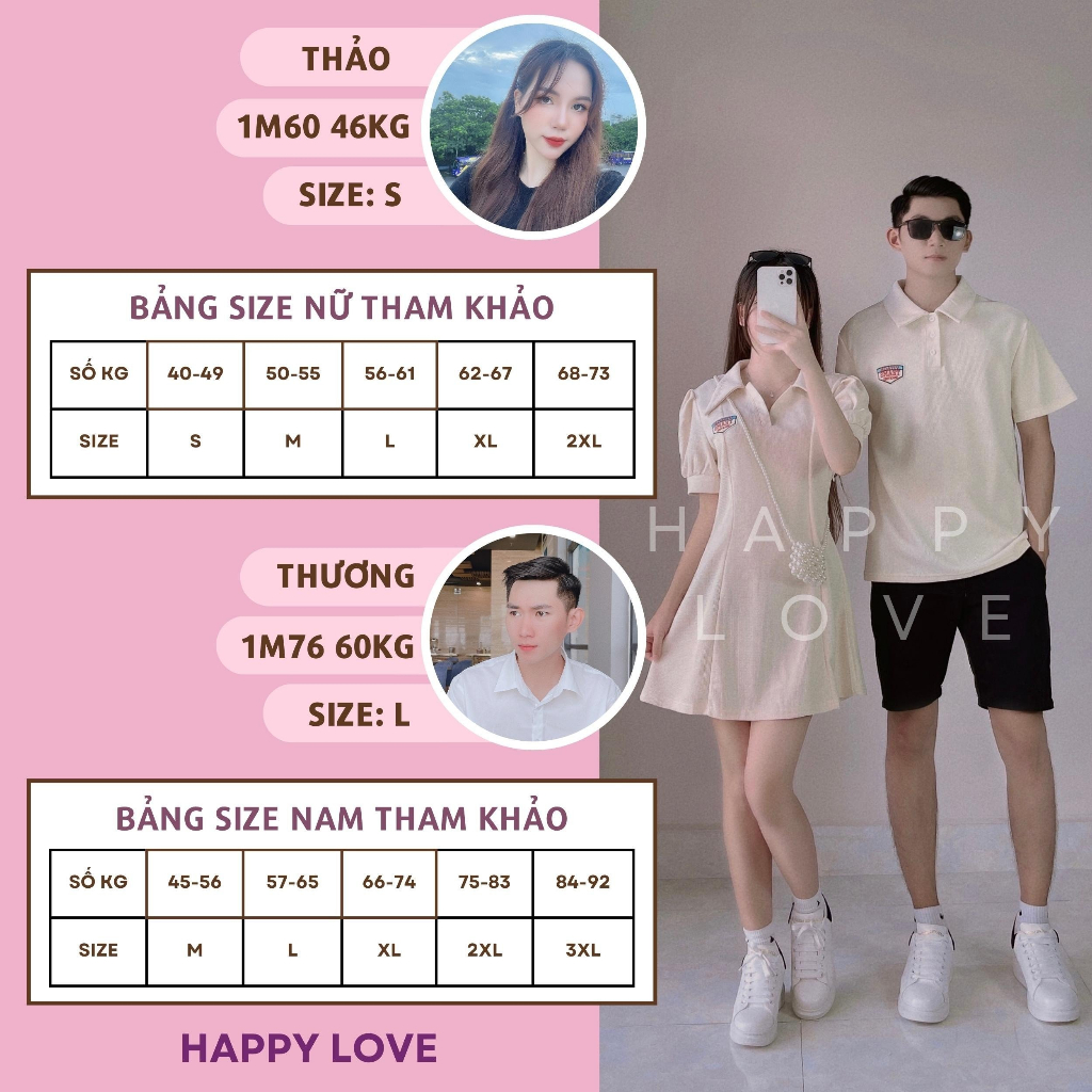 Đồ couple áo nam đầm nữ Polo mùa hè màu be kem thêu logo chất cotton thoáng mát thời trang cặp đôi HAPPYLOVE H019