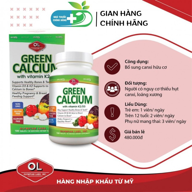 Viên Canxi hữu cơ bầu không nóng không táo Green Calcium 100 Viên