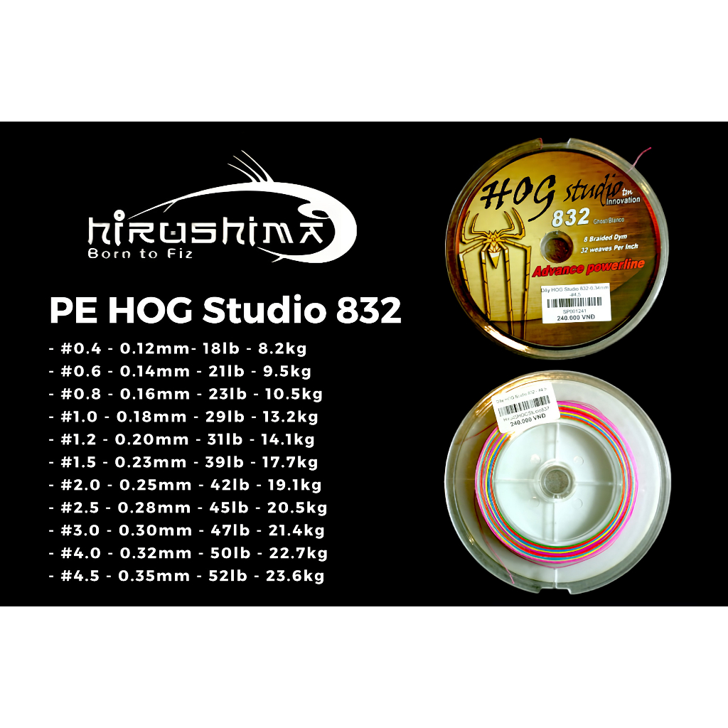 Dây câu cá siêu bền Hog Studio 832 xanh rêu Hirushima cuộn 100m Hita Lure