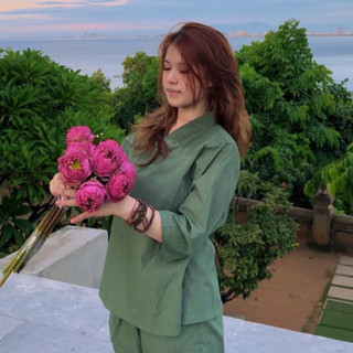 Set xô tici xéo 1 nút vải màu xanh đồ lam phật tử đi chùa