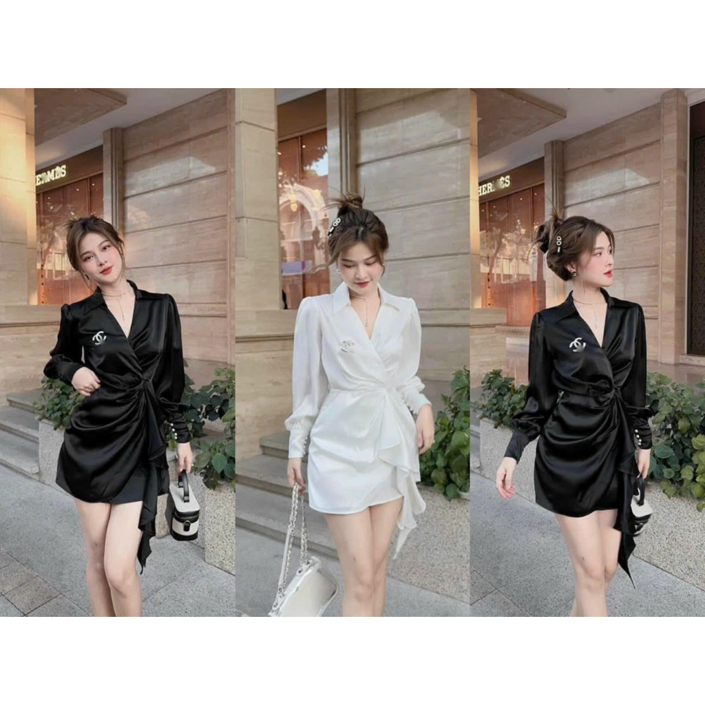 Đầm váy thời trang nữ,váy lụa tag cài cha,neo vạt chéo nhún hông sang chảnh phù hợp dự tiệc,hẹn hò 2 màu siêu đẹp