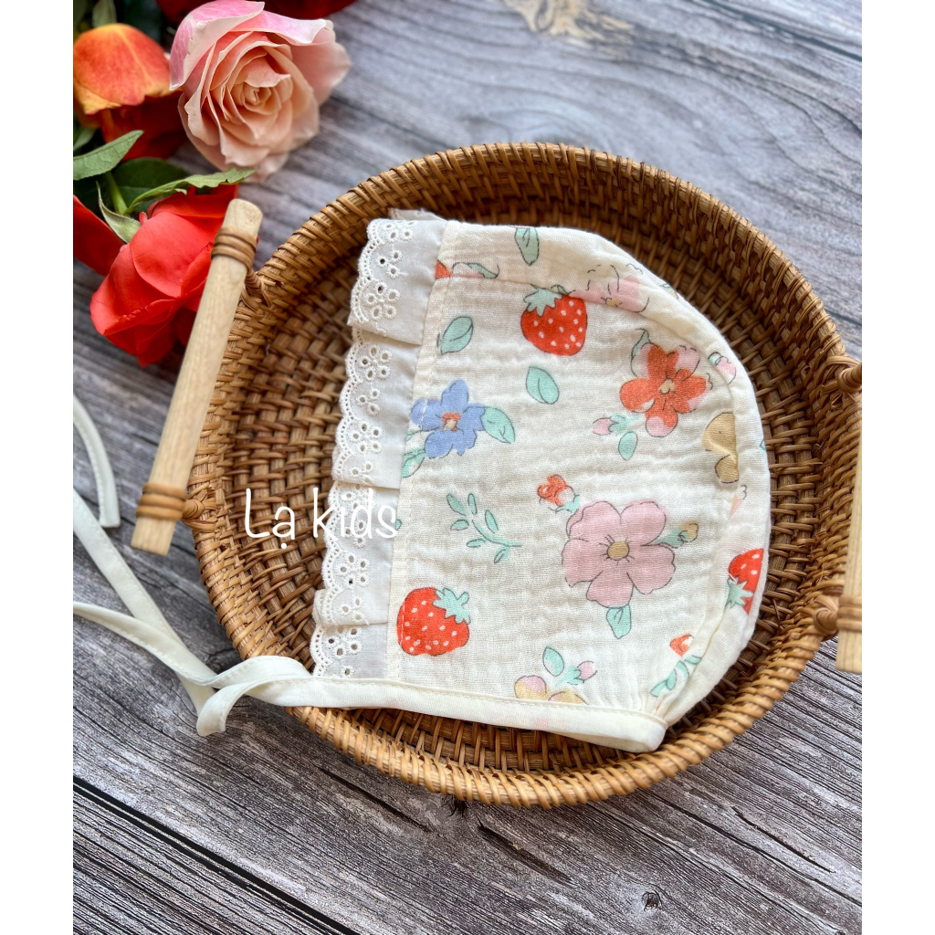 Mũ Bonnet chất liệu xô muslin họa tiết xinh xắn cho bé,