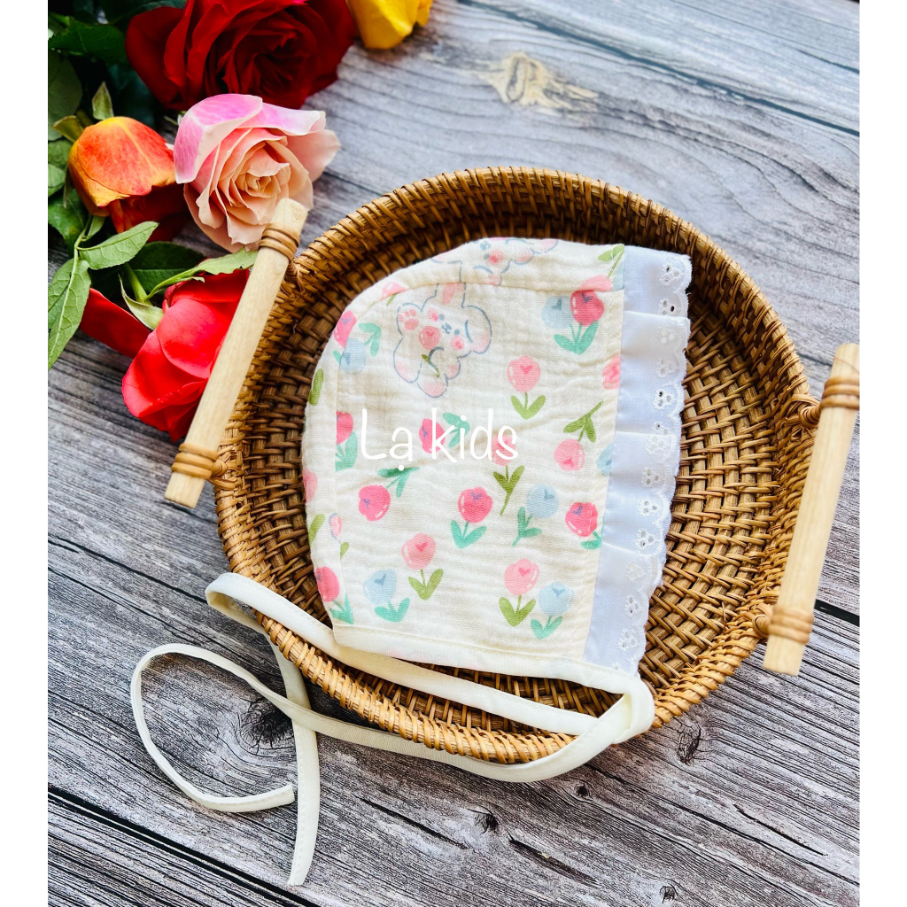 Mũ Bonnet chất liệu xô muslin họa tiết xinh xắn cho bé,