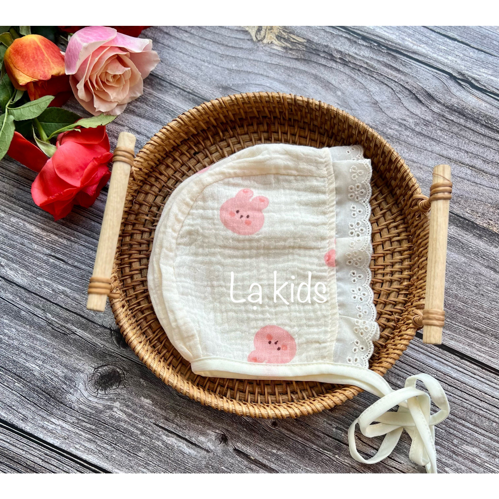 Mũ Bonnet chất liệu xô muslin họa tiết xinh xắn cho bé,