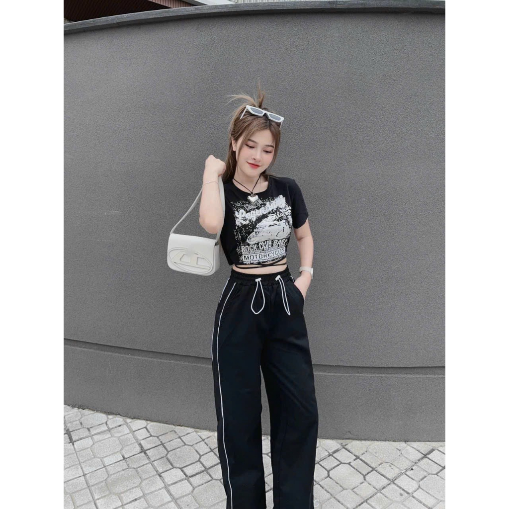 Set áo croptop tay ngắn in họa tiết 3D mix quần ống suông rộng có dây rút eo siêu tôn dáng - SHOPNGÔ FASHION