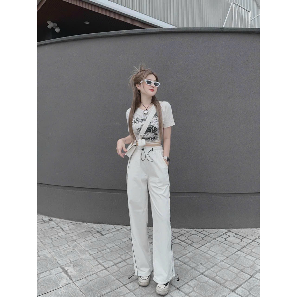 Set áo croptop tay ngắn in họa tiết 3D mix quần ống suông rộng có dây rút eo siêu tôn dáng - SHOPNGÔ FASHION