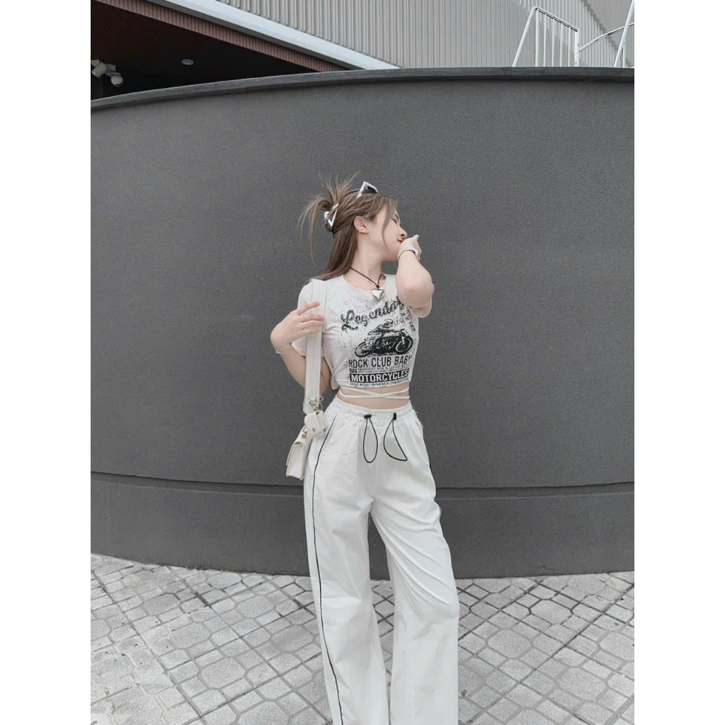Set áo croptop tay ngắn in họa tiết 3D mix quần ống suông rộng có dây rút eo siêu tôn dáng - SHOPNGÔ FASHION