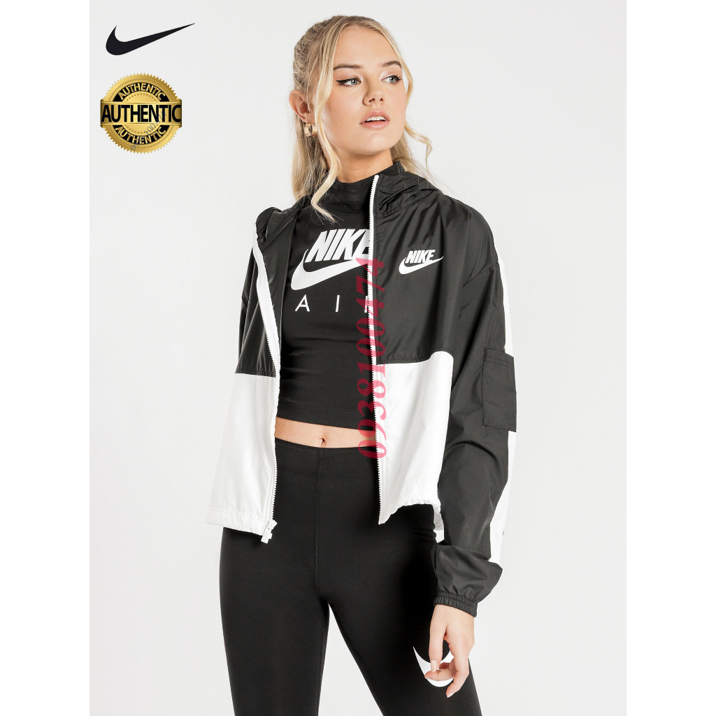 Áo khoác nữ Nike chính hãng màu đen trắng 1 lớp có mũ trùm đầu