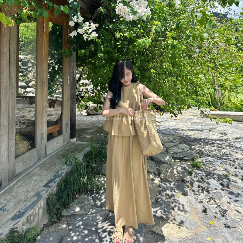 LINEN SET áo bbd xếp ly chân váy dài nàng thơ