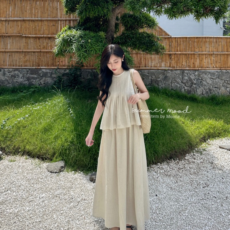 LINEN SET áo bbd xếp ly chân váy dài nàng thơ
