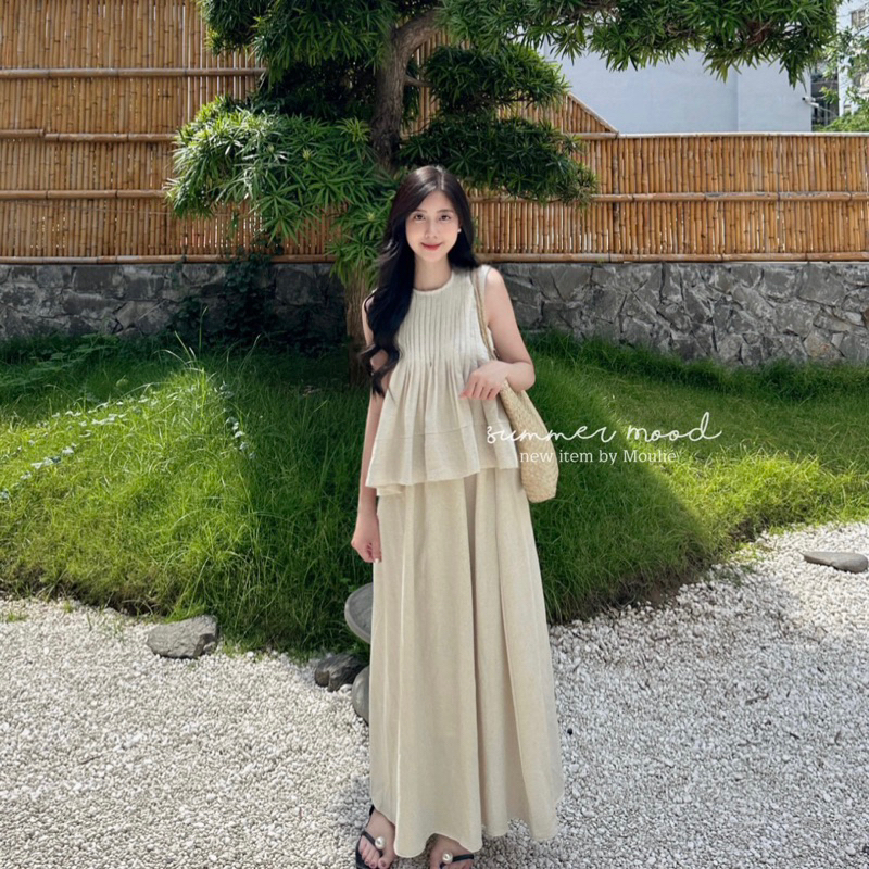 LINEN SET áo bbd xếp ly chân váy dài nàng thơ