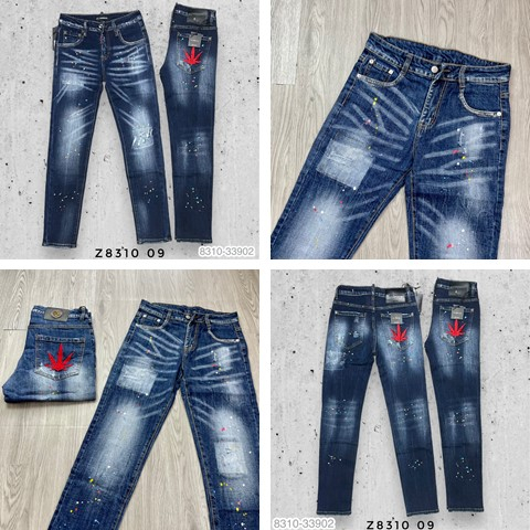 Quần DSQ2 Lá Phong Đỏ Xanh Vẩy Sơn Quần Bò DSQUARED Vẩy Sơn Xanh Sáng Phối Lá Đỏ Chất Co Giãn Phối Loang