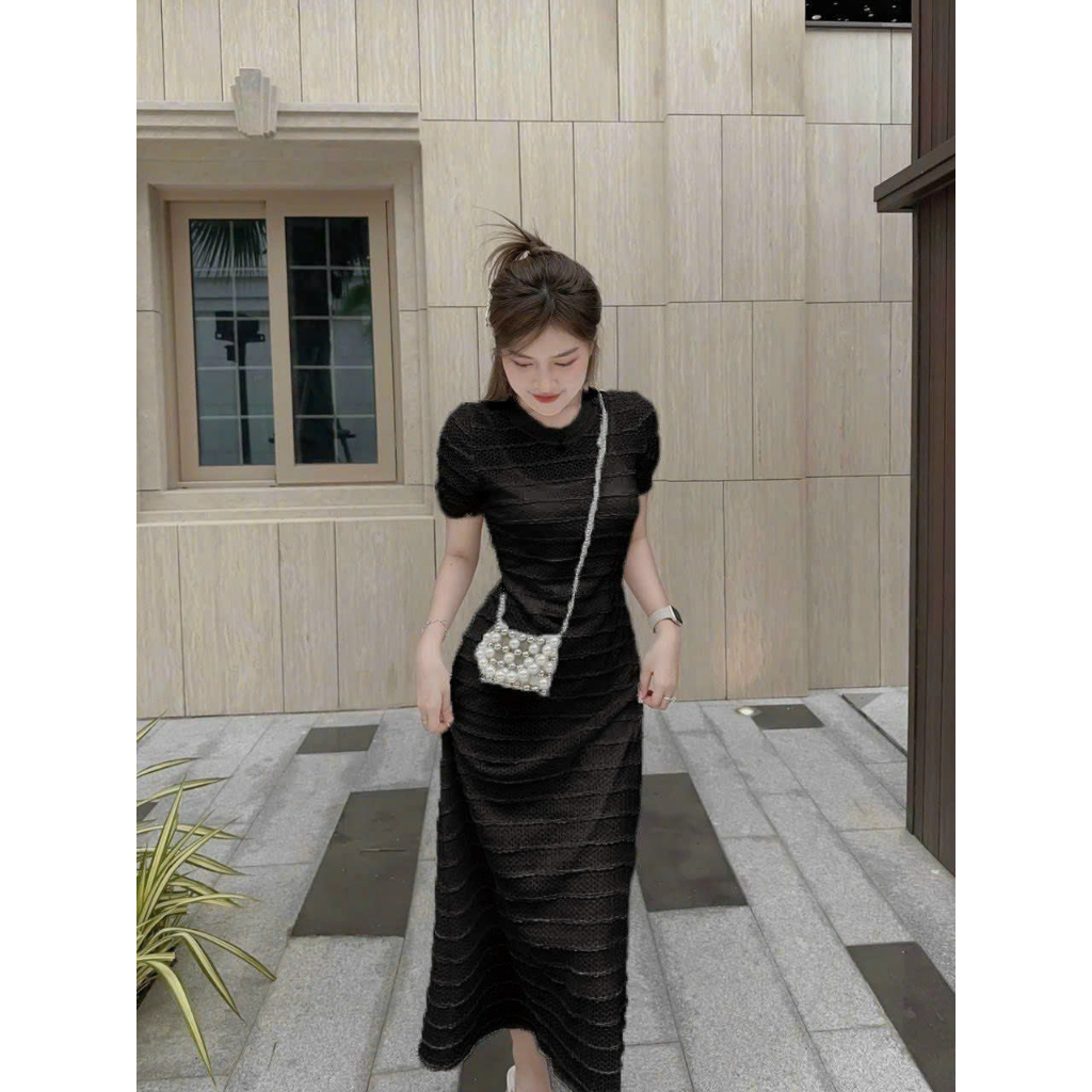 Đầm váy body suông ren sóng 2 lớp cổ tròn dáng dài,đầm tay ngắn midi chất len ren 2 màu thanh lịch xinh xắn