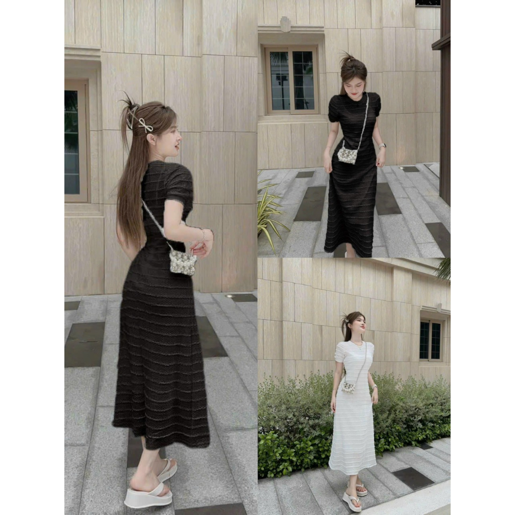 Đầm váy body suông ren sóng 2 lớp cổ tròn dáng dài,đầm tay ngắn midi chất len ren 2 màu thanh lịch xinh xắn