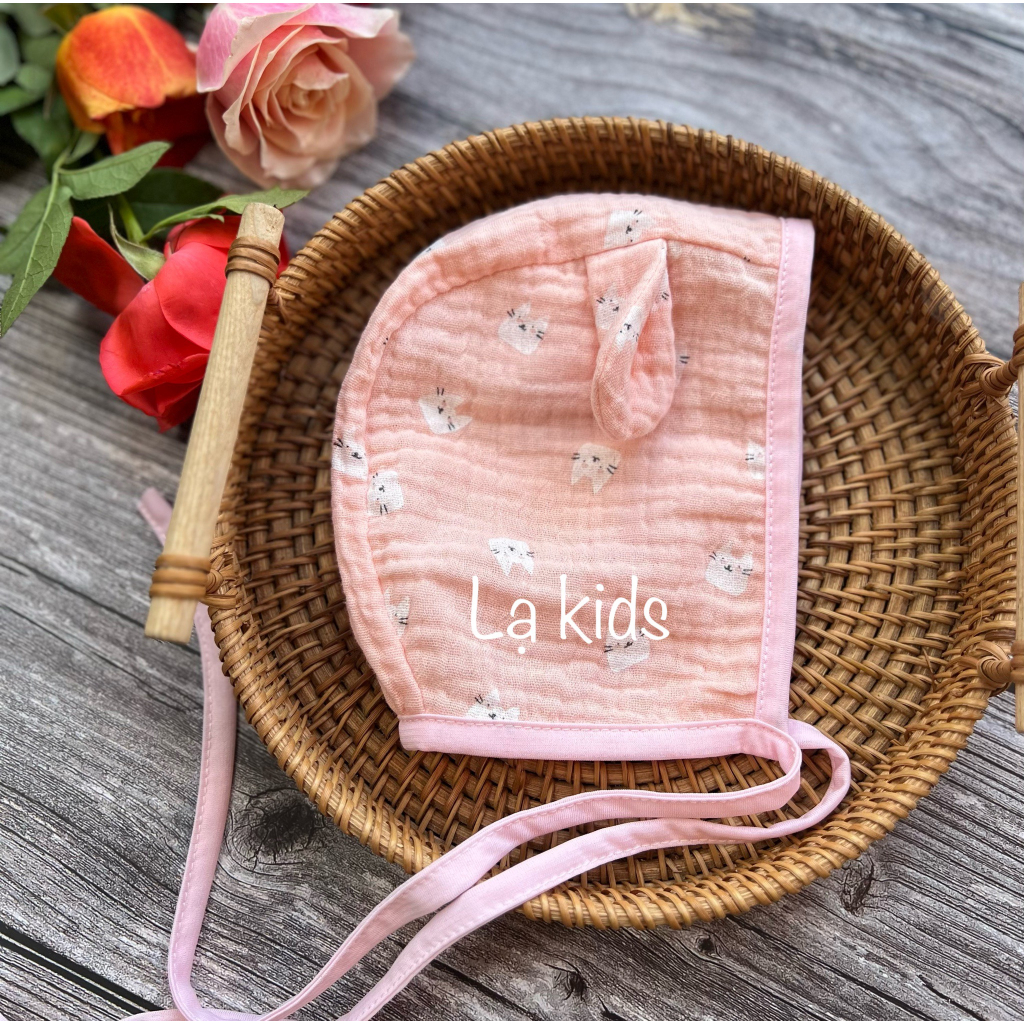 Mũ Bonnet chất liệu xô muslin họa tiết xinh xắn cho bé,