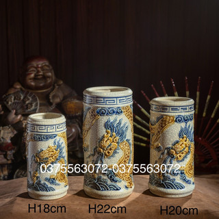 Ống hương H18,H20, H22 men rạn nổi rồng, nổi sen Bát tràng