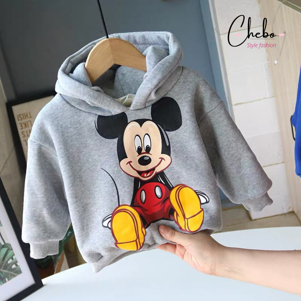 Áo hoodie nỉ bông cho bé họa tiết kute áo nỉ trần bông không xù siêu ấm có mũ bé trai bé gái size 8kg - 26kg, Hàng QC