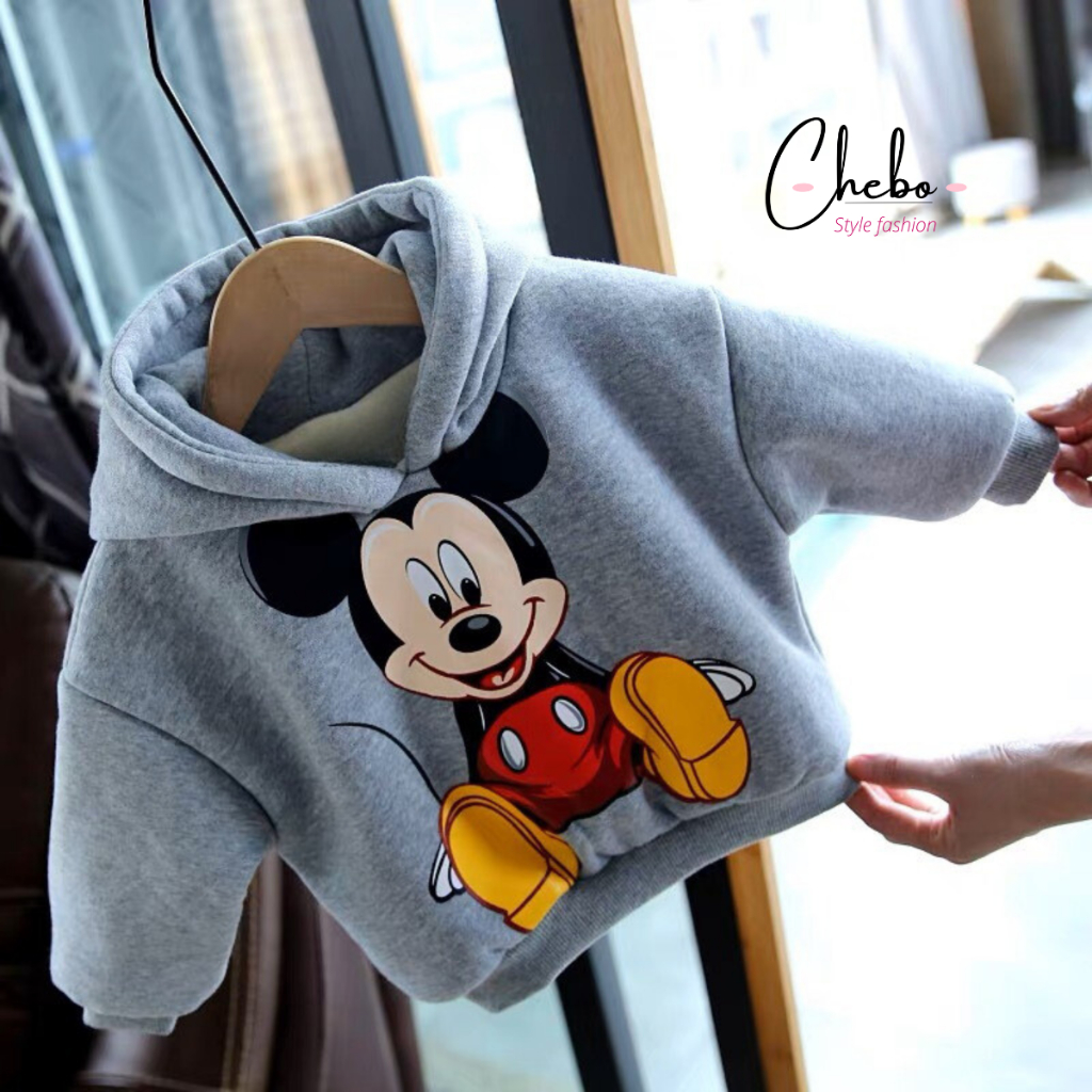 Áo hoodie nỉ bông cho bé họa tiết kute áo nỉ trần bông không xù siêu ấm có mũ bé trai bé gái size 8kg - 26kg, Hàng QC