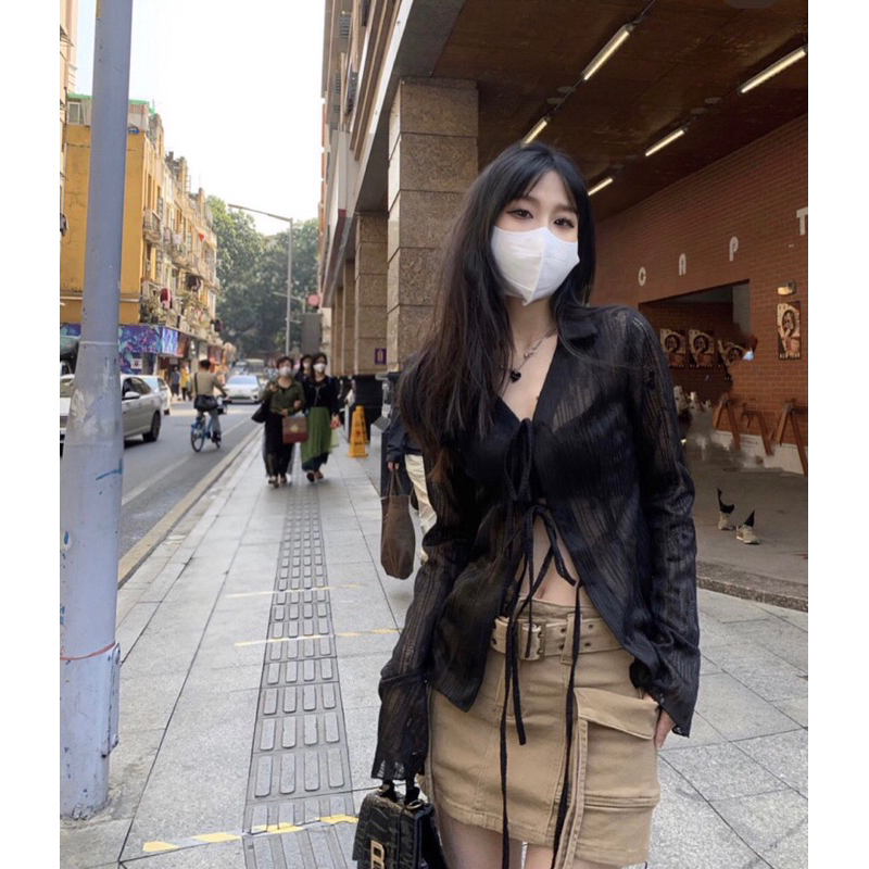 SET 4 MÓN Áo Sơ Mi Nữ Tay Dài BRA HAI DÂY CHÂN VÁY KAKI NÂU KÈM BELT